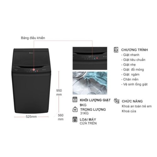 Kích thước máy Giặt Casper 9 Kg WT-9NB3 cửa trên