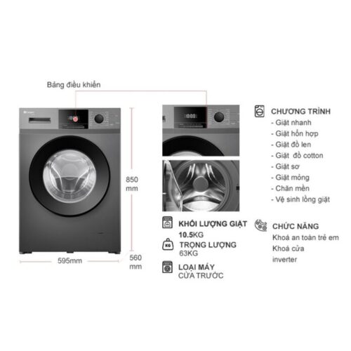 Kích thước máy Giặt Casper Inverter 10.5 Kg WF-105VG5 cửa trước