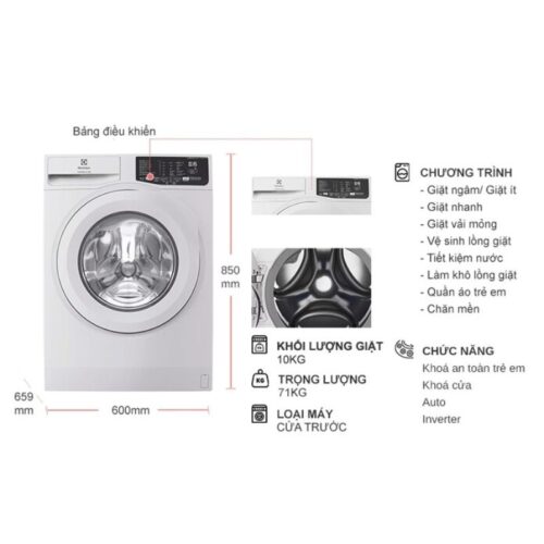 Kích thước máy Giặt Electrolux Inverter 10 Kg EWF1025DQWB cửa trước