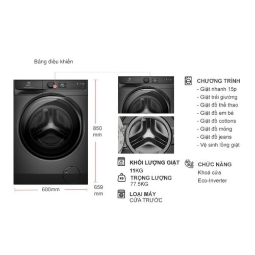 Kích thước máy Giặt Electrolux Inverter 11 Kg EWF1142R9SC cửa trước