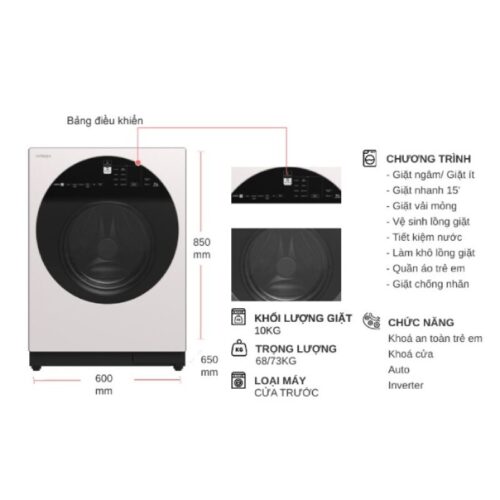 Kích thước máy Giặt Hitachi Inverter 10 Kg BD-100GV WH cửa trước