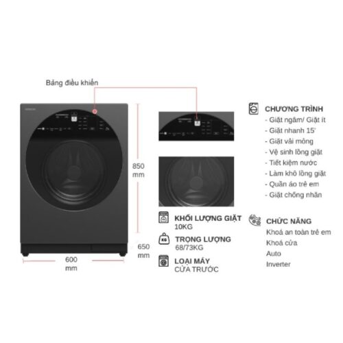 Kích thước máy Giặt Hitachi Inverter 10 Kg BD-100XGV MAG cửa trước
