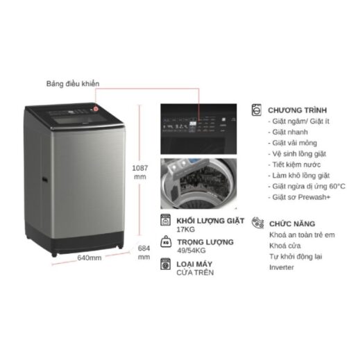 Kích thước máy Giặt Hitachi Inverter 17 Kg SF-170ZCV SS cửa trên