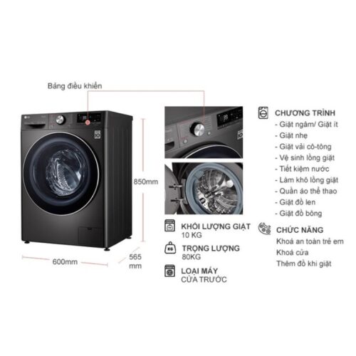 Kích thước máy Giặt LG Inverter 10 Kg FV1410S3B cửa trước