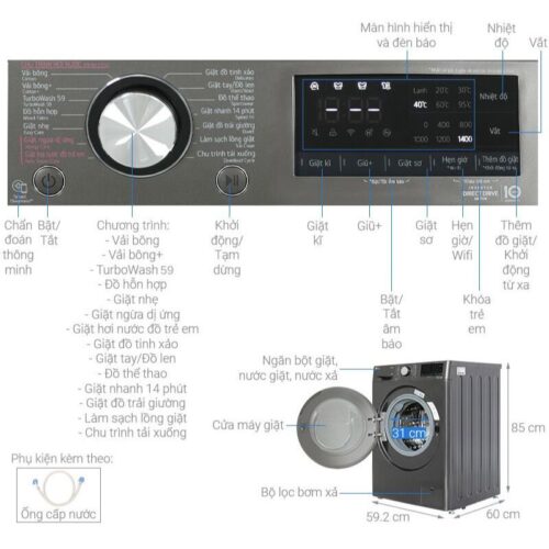 Kích thước máy Giặt LG Inverter 10 Kg FV1410S4B cửa trước