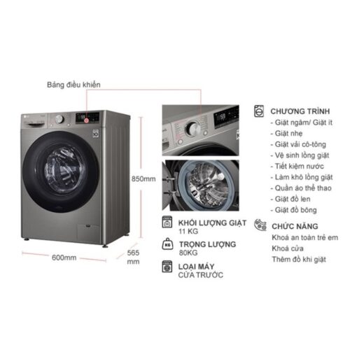 Kích thước máy Giặt LG Inverter 11 Kg FV1411S4P cửa trước
