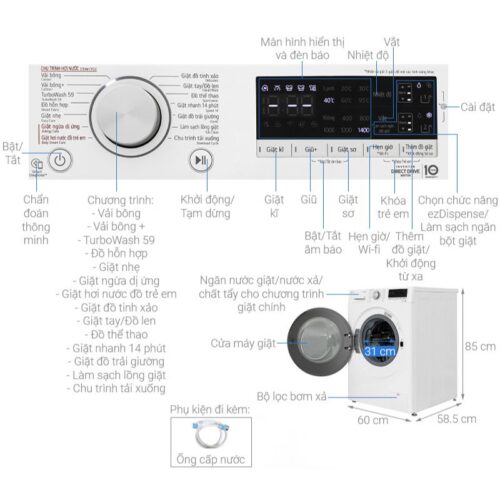 Kích thước máy Giặt LG Inverter 11 Kg FV1411S4WA cửa trước