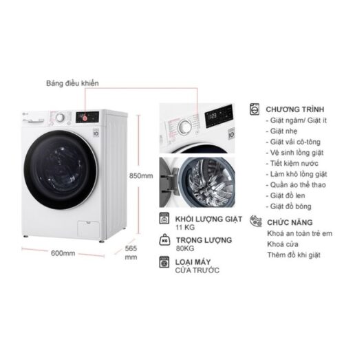 Kích thước máy Giặt LG Inverter 11 Kg FV1411S5W cửa trước