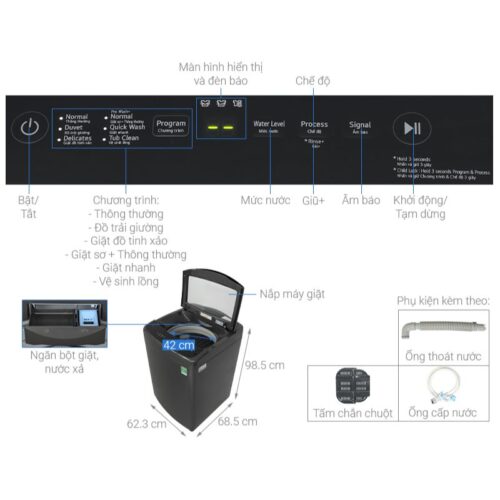 Kích thước máy Giặt LG Inverter 12 Kg T2512VBTB cửa trên