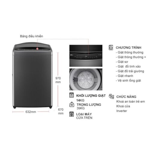 Kích thước máy Giặt LG Inverter 14 Kg T2514VBTB cửa trên