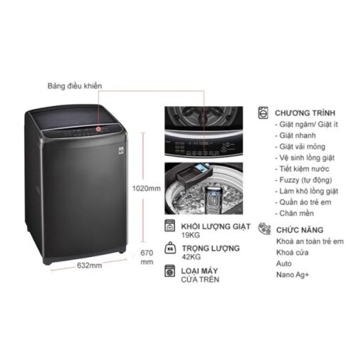 Kích thước máy Giặt LG Inverter 19 Kg TH2519SSAK cửa trên