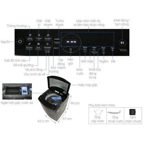 Kích thước máy Giặt LG Inverter 19 Kg TV2519DV7B cửa trên
