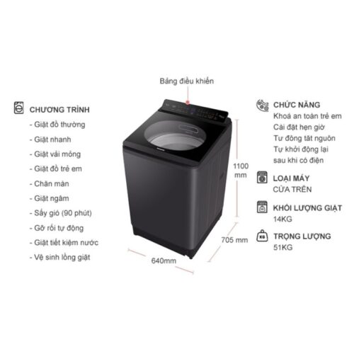 Kích thước máy Giặt Panasonic Inverter 14 Kg NA-FD14V1BRV cửa trên