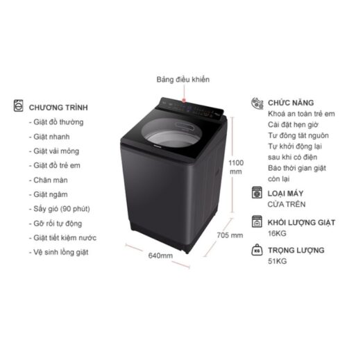 Kích thước máy Giặt Panasonic Inverter 16 Kg NA-FD16V1BRV cửa trên