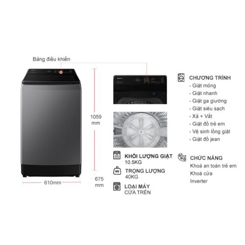 Kích thước máy giặt Samsung Inverter 10.5 kg WA10CG5745BDSV cửa trên
