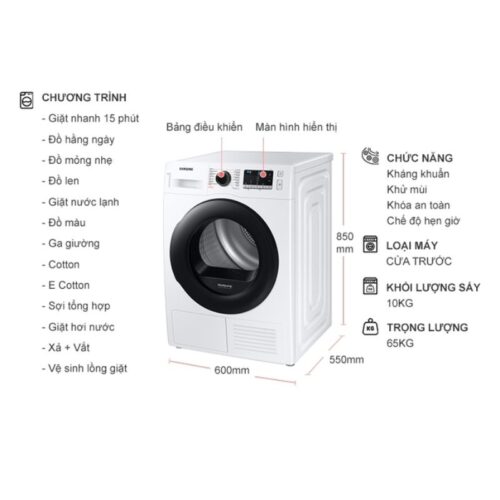 Kích thước máy Giặt Samsung Inverter 10 Kg WW10TA046AE / SV cửa trước