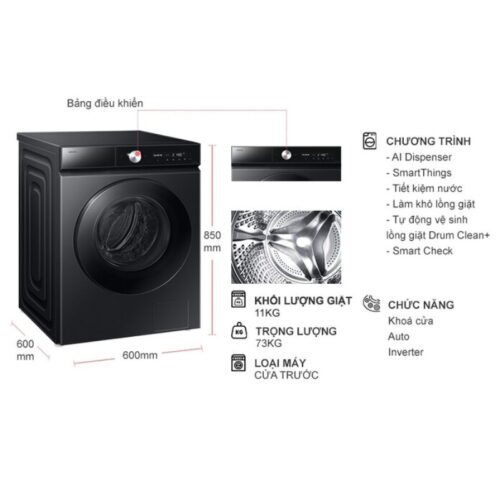 Kích thước máy Giặt Samsung Inverter 11 Kg WW11CB944DGBSV cửa trước