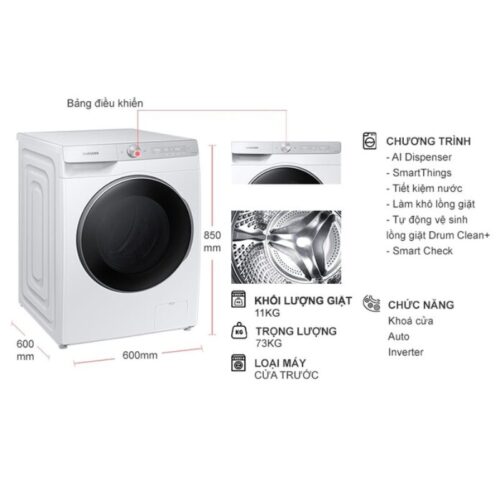 Kích thước máy Giặt Samsung Inverter 11 Kg WW11CGP44DSHSV cửa trước