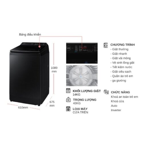 Kích thước máy Giặt Samsung Inverter 14 kg WA14CG5745BVSV cửa trên