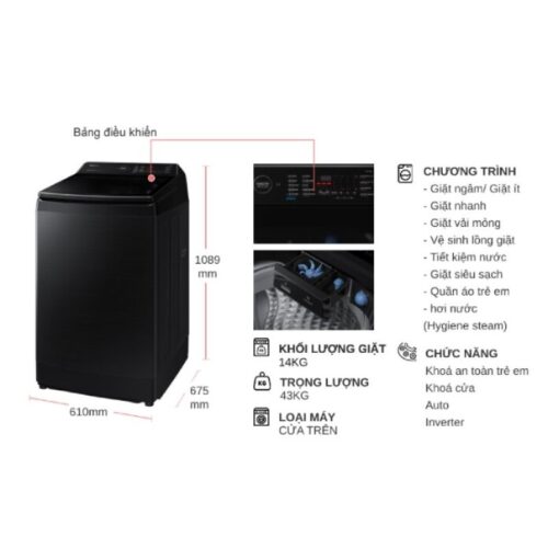 Kích thước máy giặt Samsung Inverter 14 kg WA14CG5886BVSV cửa trên