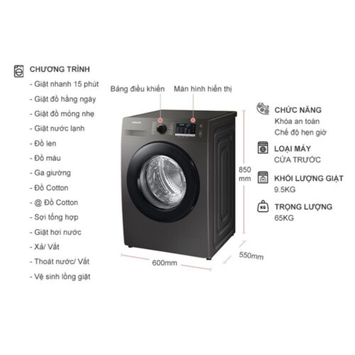 Kích thước máy Giặt Samsung Inverter 9.5 Kg WW95TA046AX / SV cửa trước