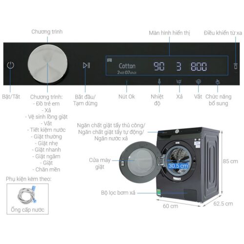 Kích thước máy Giặt Samsung Inverter AI 10 Kg WW10TP44DSB / SV cửa trước