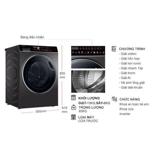 Kích thước máy Giặt Sấy Aqua Inverter Giặt 13 Kg - Sấy 8 Kg AQD-DH1300H.PS