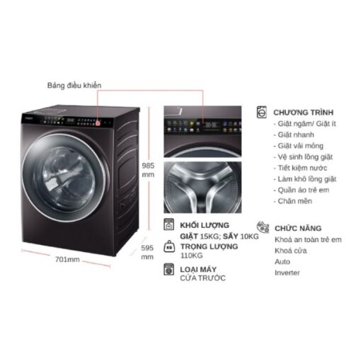 Kích thước máy Giặt Sấy Aqua Inverter Giặt 15 Kg - Sấy 10 Kg AQD-DH1500G.PP