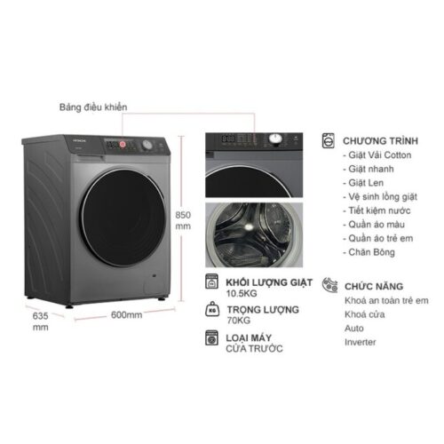 Kích thước máy Giặt Sấy Hitachi Inverter Giặt 10.5 Kg - Sấy 7 Kg BD-D1054HVOS
