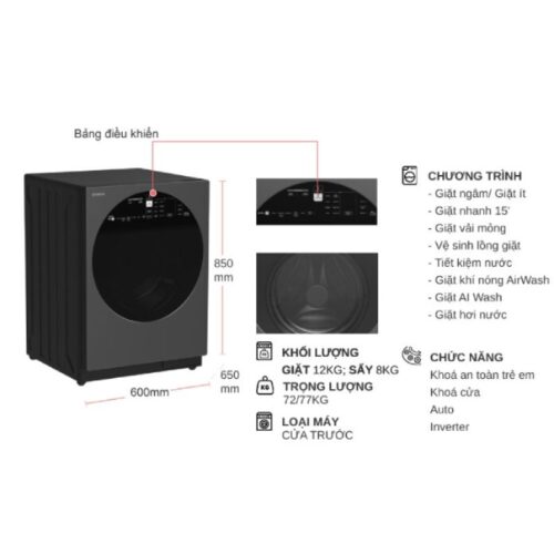 Kích thước máy Giặt Sấy Hitachi Inverter Giặt 12 Kg - Sấy 8 Kg BD-D120XGV MAG