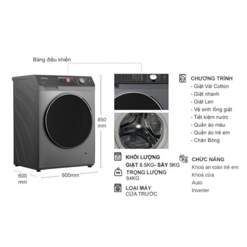 Kích thước máy Giặt Sấy Hitachi Inverter Giặt 8.5 Kg - Sấy 5 Kg BD-D852HVOS cửa trước