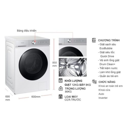 Kích thước máy Giặt Sấy Samsung Inverter Giặt 12 Kg - Sấy 8 Kg WD12BB944DGHSV