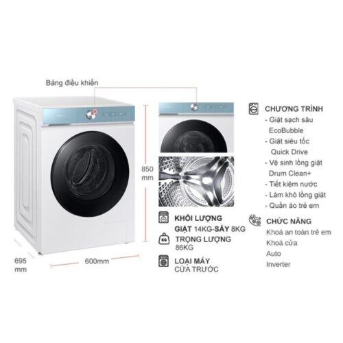 Kích thước máy Giặt Sấy Samsung Inverter Giặt 14 Kg - Sấy 8 Kg WD14BB944DGMSV