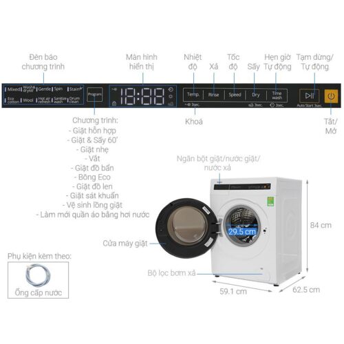 Kích thước máy Giặt Sấy Whirlpool Inverter Giặt 10.5 Kg - Sấy 7 Kg WWEB10702FW