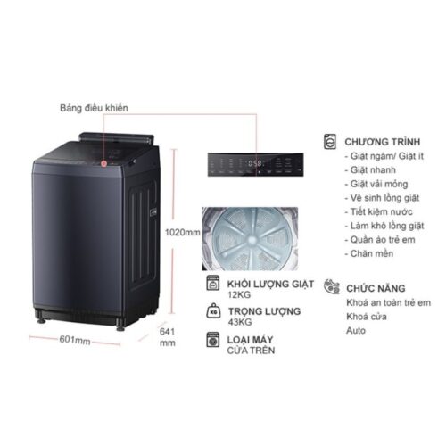 Kích thước máy Giặt Toshiba Inverter 12 Kg AW-DUM1300KV(MG) cửa trên