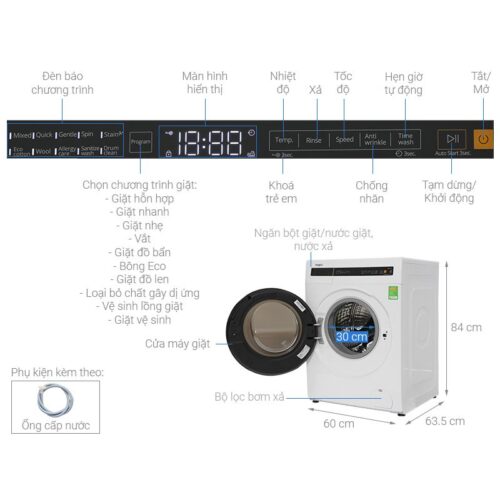 Kích thước máy Giặt Whirlpool Inverter 10.5 Kg FWEB10502FW cửa trước