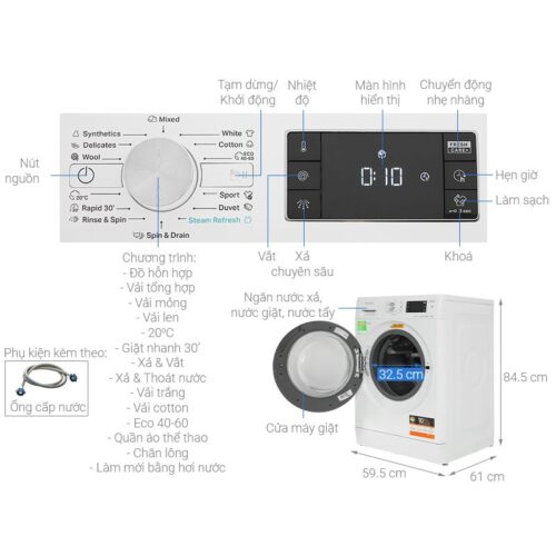 Kích thước máy Giặt Whirlpool Inverter 8 Kg FFB8458WV EU cửa trước