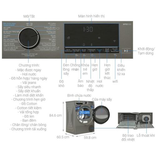 Kích thước máy Sấy Bơm Nhiệt Beko Inverter 10 Kg B5T4429WM