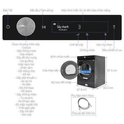 Kích thước máy Sấy Bơm Nhiệt Inverter Samsung 17 Kg DV17B9750CV/SV