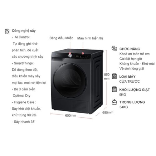 Kích thước máy Sấy Bơm Nhiệt Samsung AI Inverter 9 Kg DV90T7240BB/SV