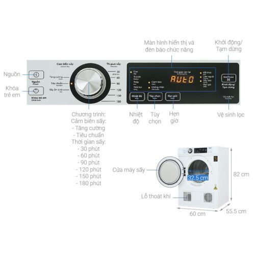 Kích thước máy Sấy Thông Hơi Aqua 7 Kg AQH-V700F