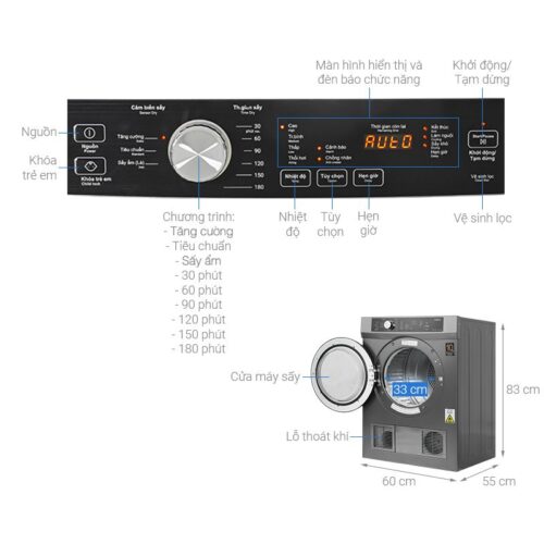 Kích thước máy Sấy Thông Hơi Aqua 8 Kg AQH-V800H.SS