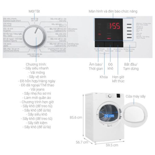Kích thước máy Sấy Thông Hơi Beko 8 Kg DA8112RX0W