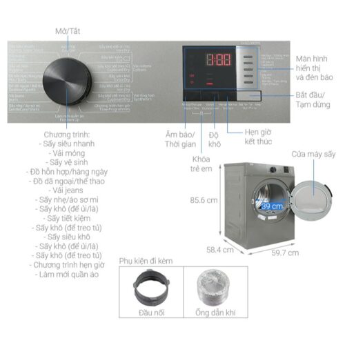 Kích thước máy Sấy Thông Hơi Beko 9 Kg DA9112RX0MB
