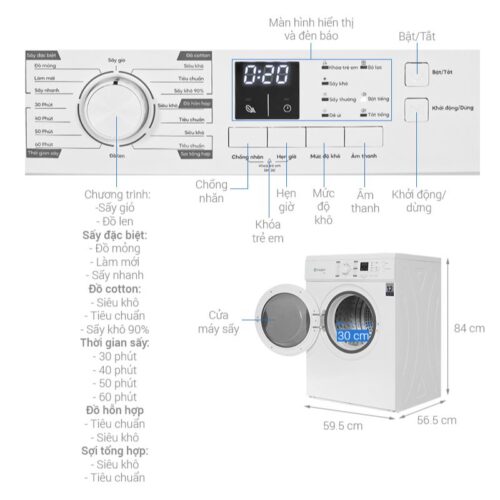 Kích thước máy Sấy Thông Hơi Casper 7.2 Kg TD-72VWD