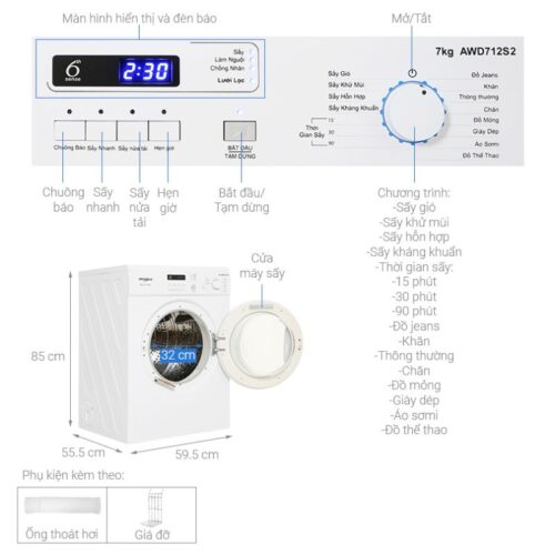 Kích thước máy Sấy Thông Hơi Whirlpool 7 Kg AWD712S2