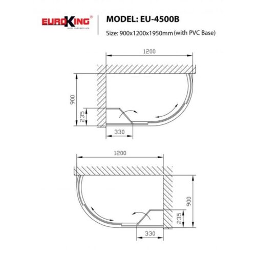 Kích thước phòng tắm vách kính Euroking EU-4500B