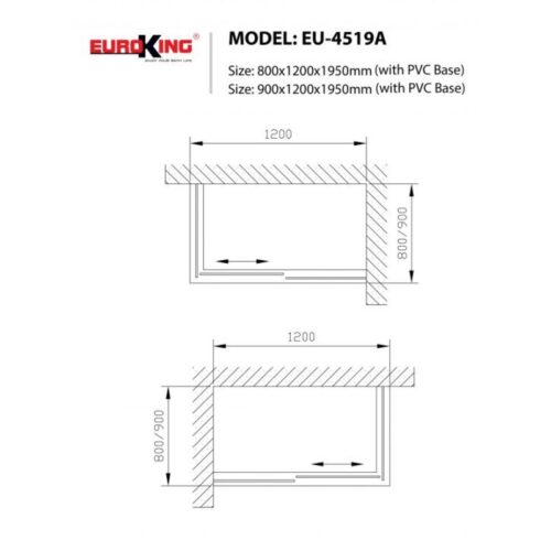 Kích thước phòng tắm vách kính Euroking EU-4519A 900mm