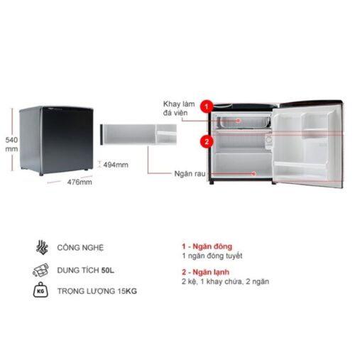 Kích thước tủ Lạnh 1 cánh mini 50 Lít Aqua AQR-D59FA (BS)