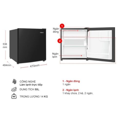 Kích thước tủ Lạnh 1 cánh mini 50 Lít Aqua AQR-D60FA(BS)